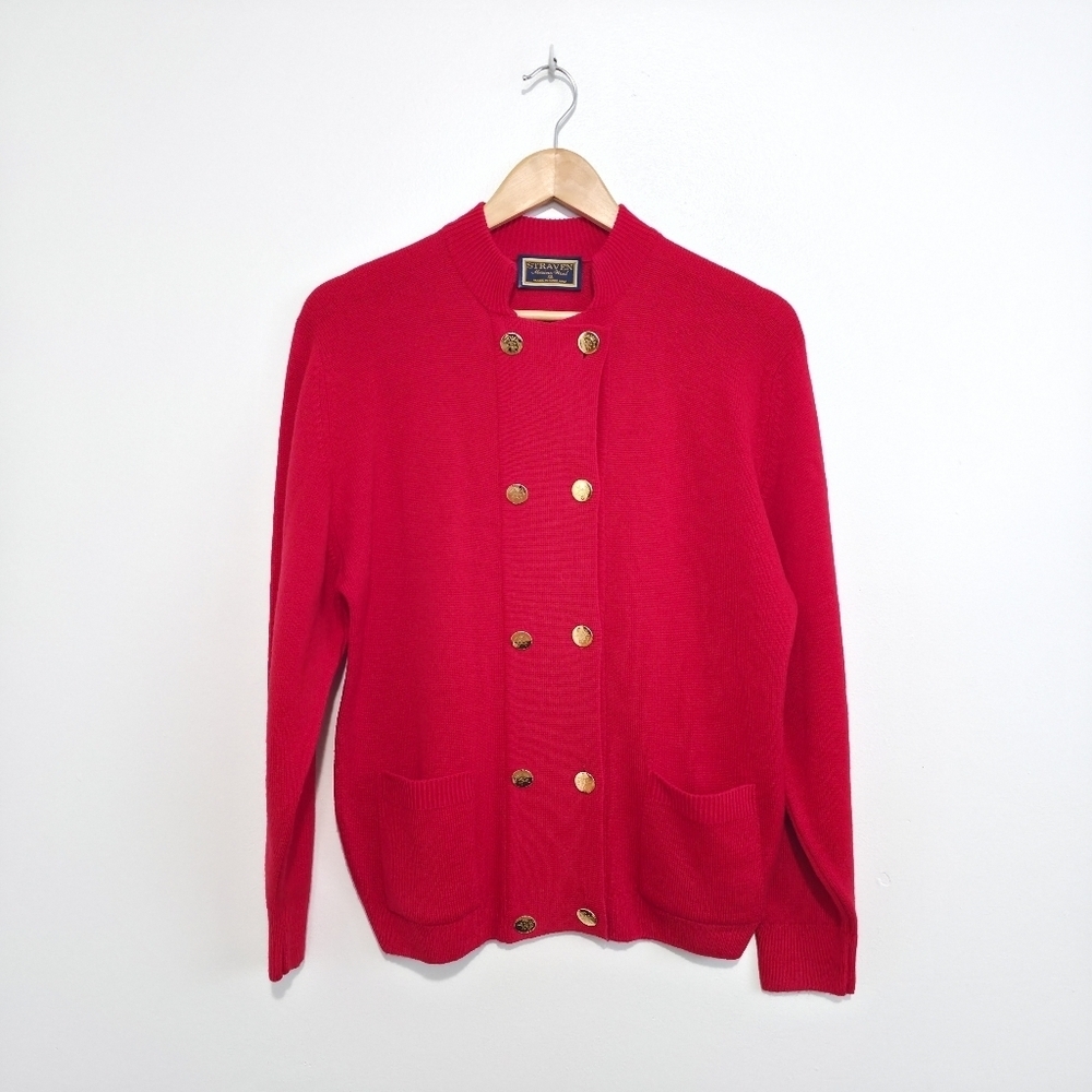 Vintage Straven Bright Red Ribbed Wool Cardigan with Gold Buttona